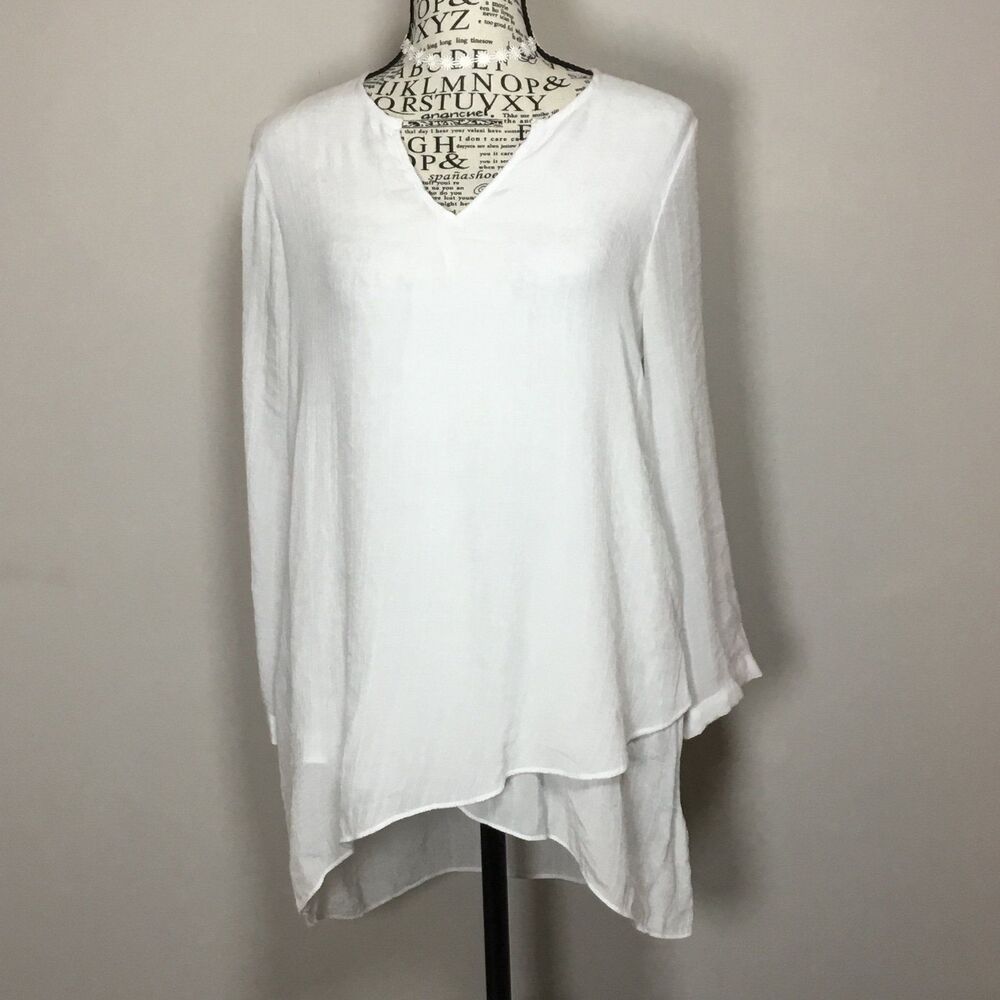 Bright white gauzy floaty tunic top longer in back long sleeve boho fairycore S